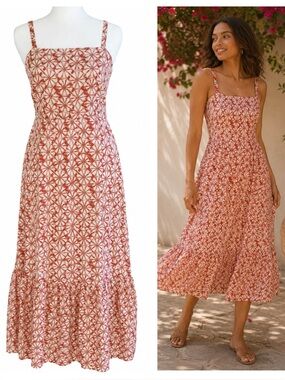 GAP | Smocked Coral Floral Maxi Sundress Resort Ruffle Hem Adjustable Straps | 2